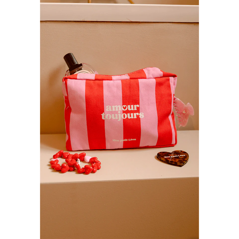 Trousse de toilette coton - Rayures rose et rouge, Amour toujours