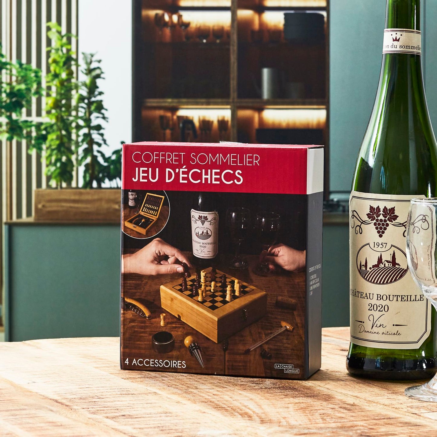 Coffret Vin et Jeu Echec en bambou