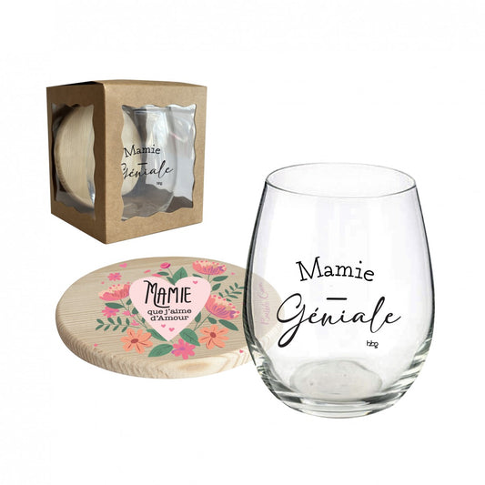 Verre et dessous de verre "Mamie géniale"