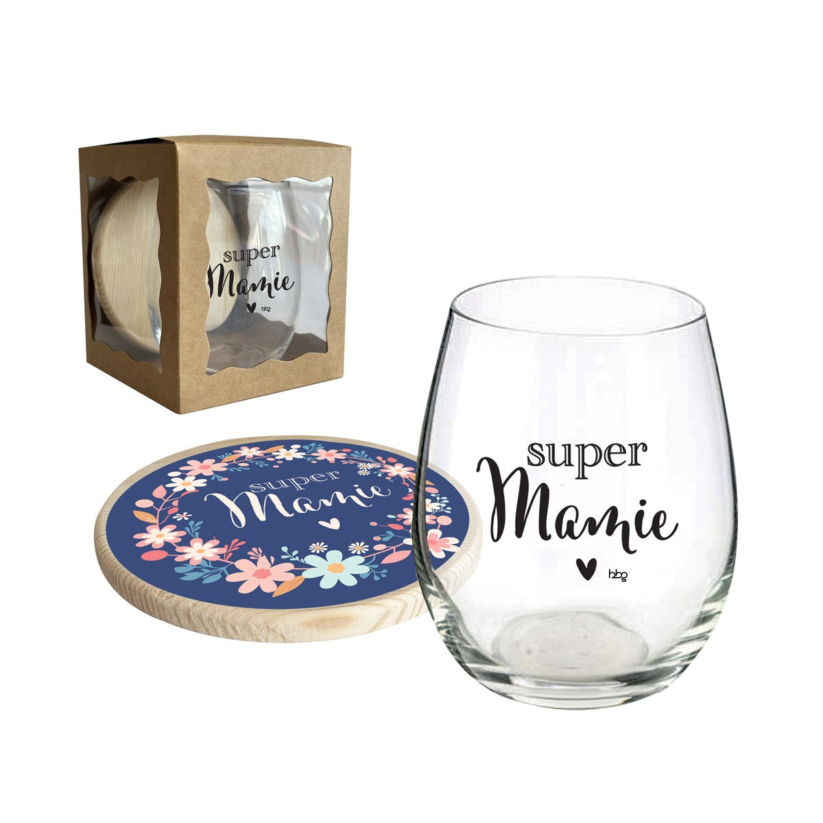 Verre et dessous de verre "Super mamie"