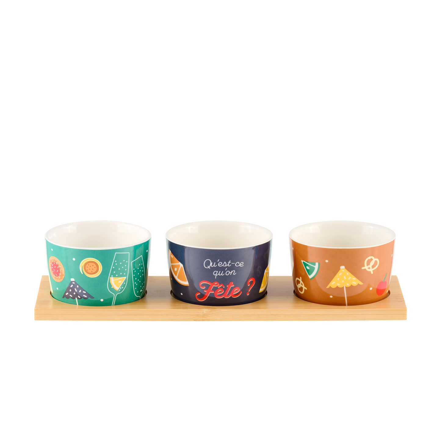 Set 3 bols + plateau "Qu'est ce qu'on fête?"