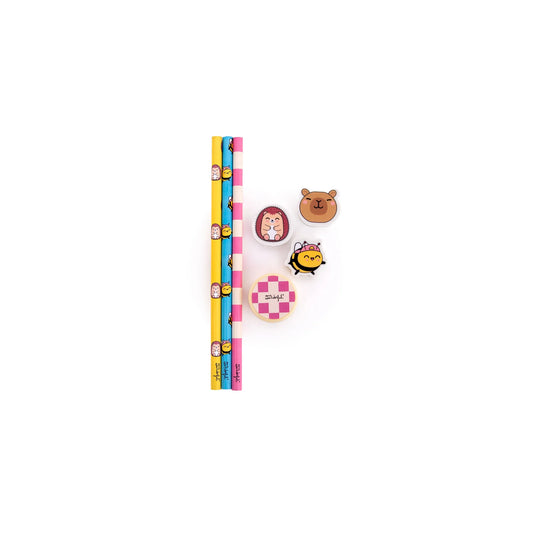 Set de 3 crayons + 3 gommes + 1 taille-crayon – Wonder Comic