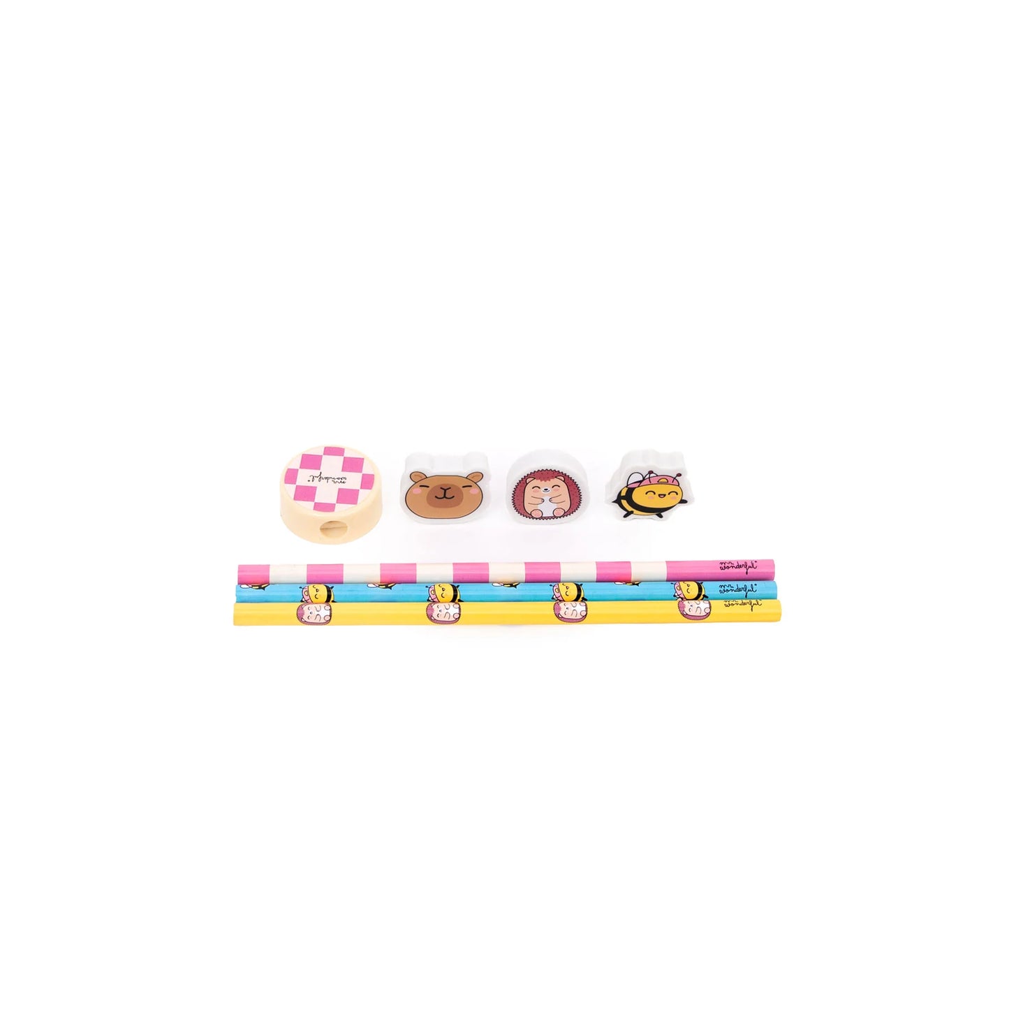 Set de 3 crayons + 3 gommes + 1 taille-crayon – Wonder Comic