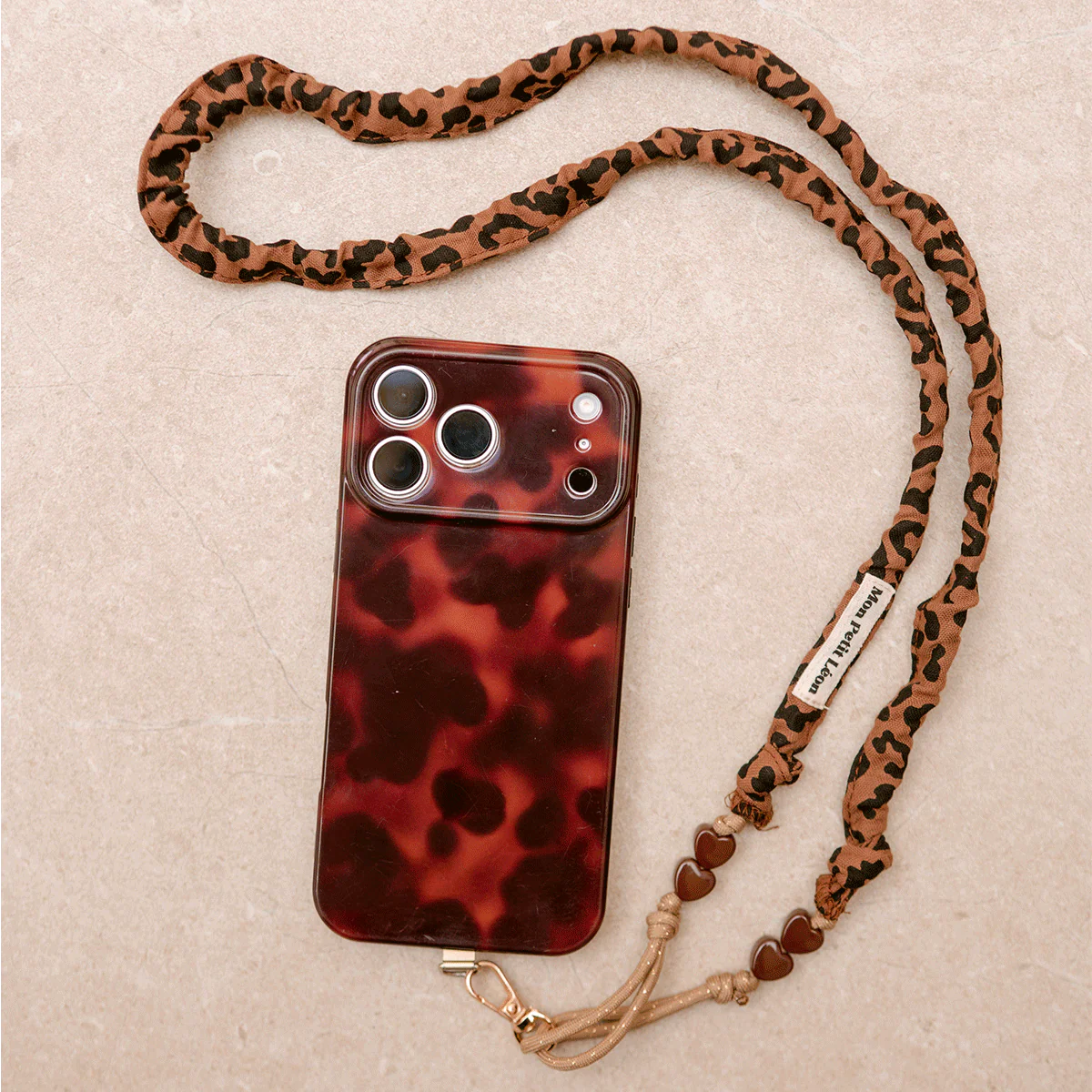 Sangle de téléphone Billie - Léopard Marron cordon Beige