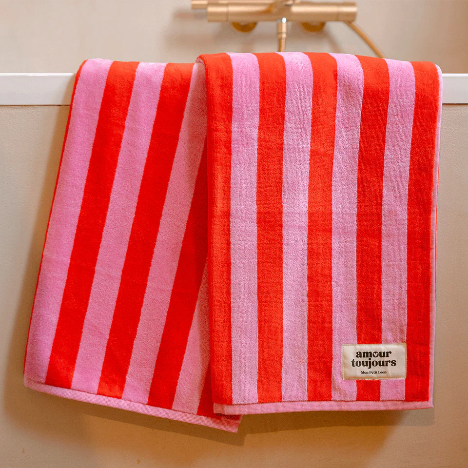 Serviette de bain rayures rose et rouge