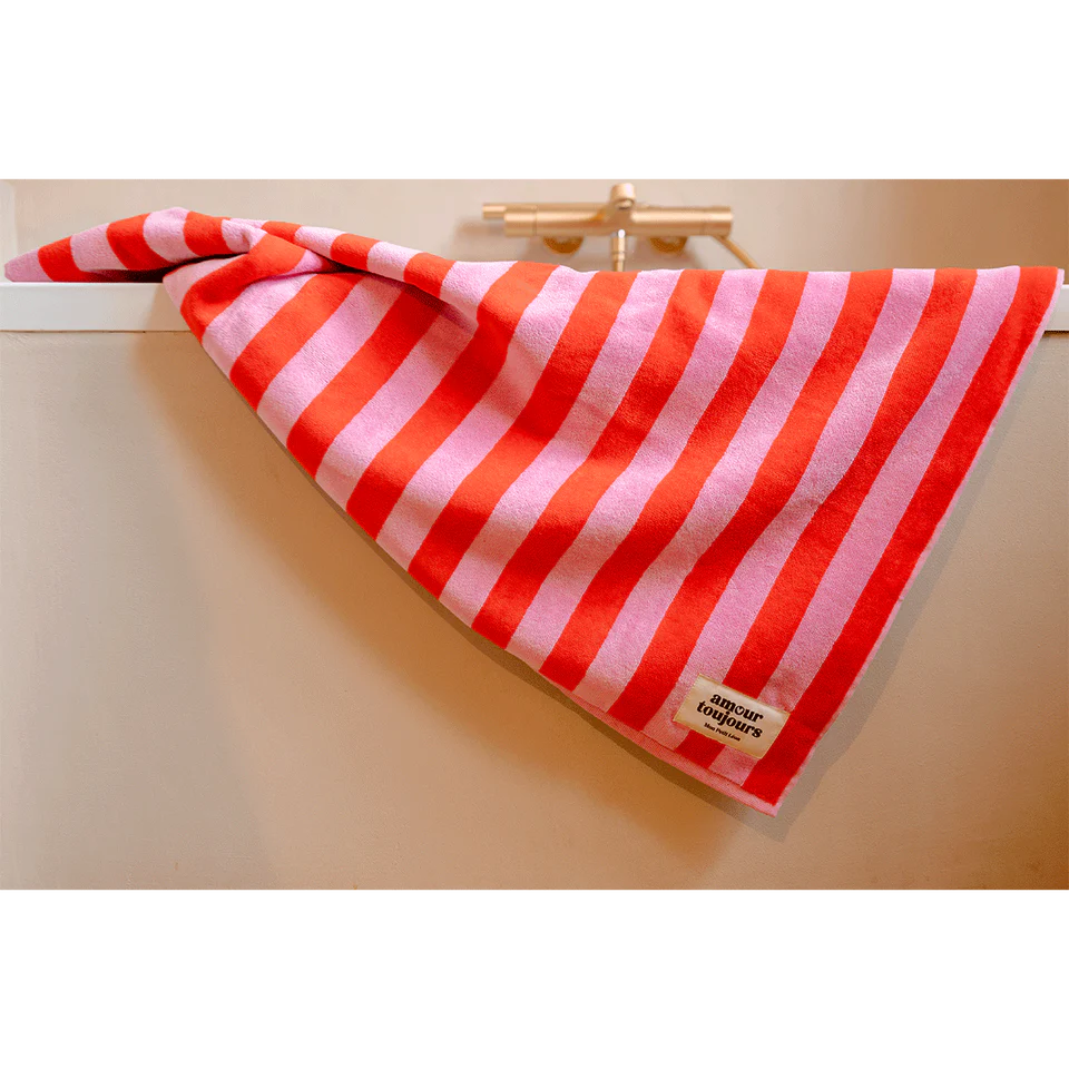 Serviette de bain rayures rose et rouge