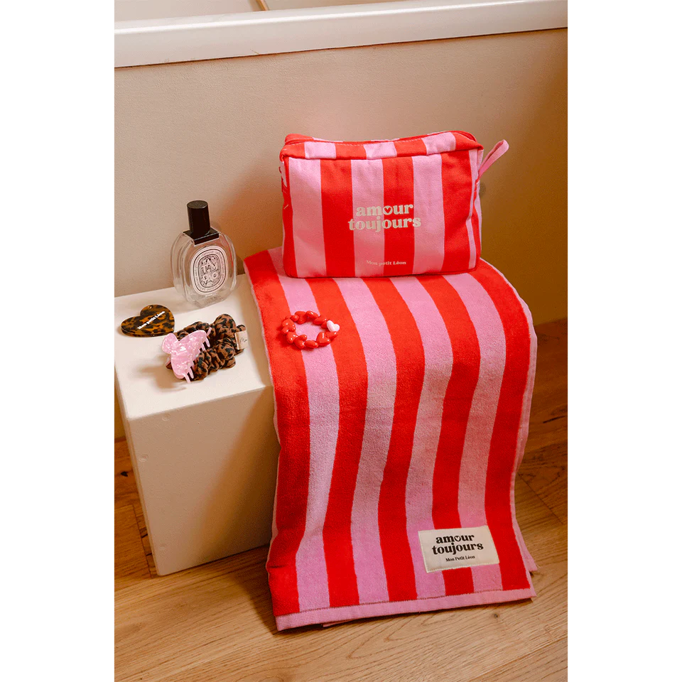 Serviette de bain rayures rose et rouge
