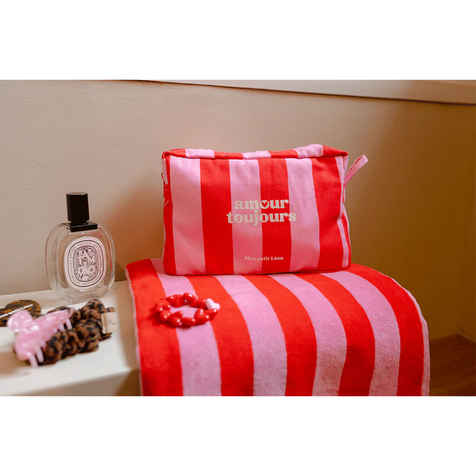 Trousse de toilette coton - Rayures rose et rouge, Amour toujours