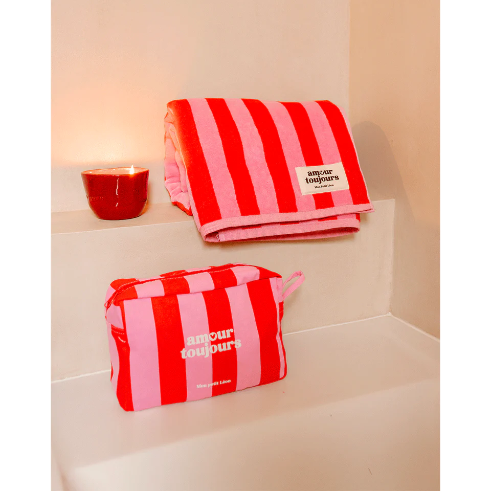 Trousse de toilette coton - Rayures rose et rouge, Amour toujours