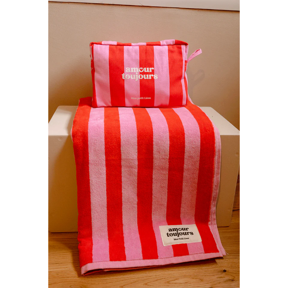Trousse de toilette coton - Rayures rose et rouge, Amour toujours